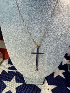 Blue Enamel Cross Pendant Necklace with Silver Chain